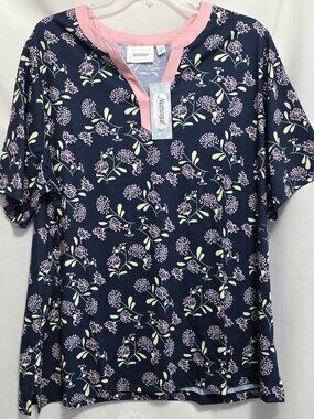 National Women's Navy Blue/Pink Floral V-Notch Neckline Knit Top